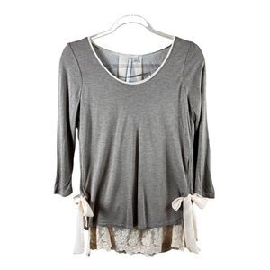 LC Lauren Conrad Lace Hem Chiffon Tie 3/4 Sleeve Blouse Small Tan Cream Rayon